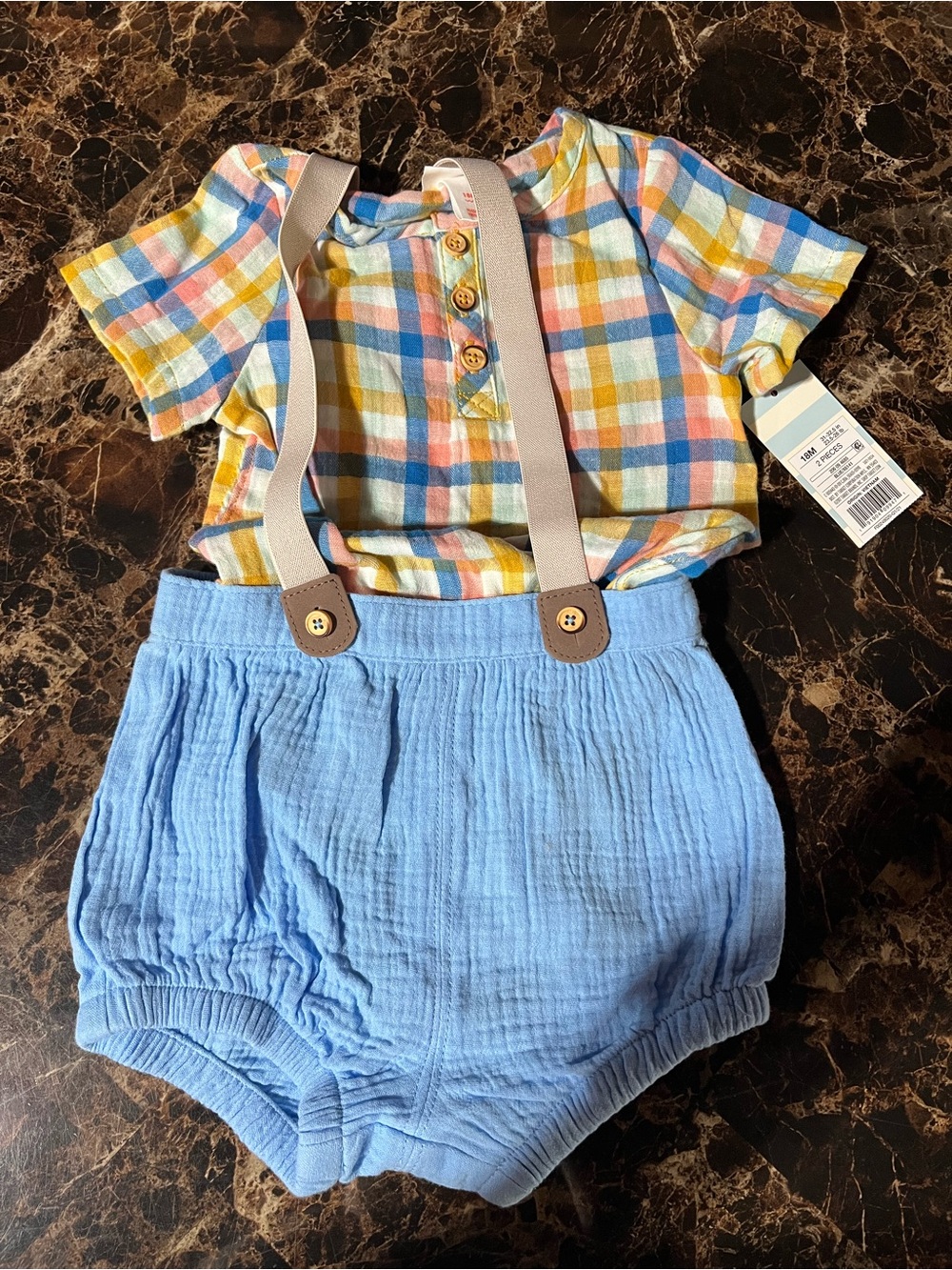 🐱Cat & Jack Pastel Plaid Shirt with Light Blue Bubble Shorts & Beige Suspenders